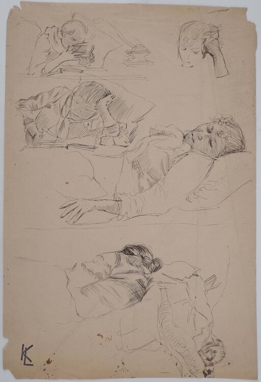Variations d'un sujet alité, dessin original Léopold-Franz Kowalski