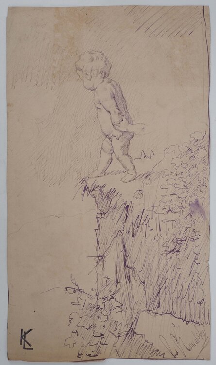 Enfant au bord du lac, dessin original Léopold-Franz Kowalski