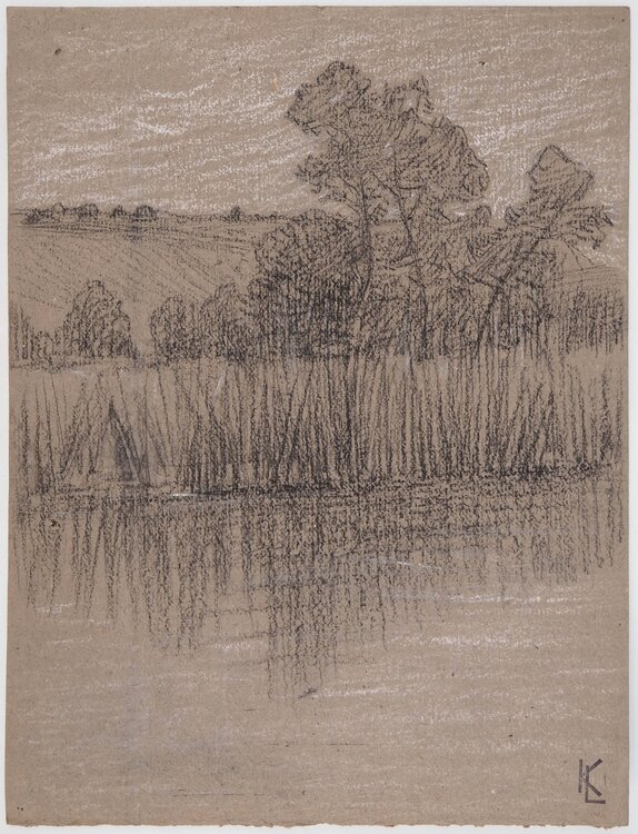 Paysage de bord d'étang, dessin original Léopold-Franz Kowalski