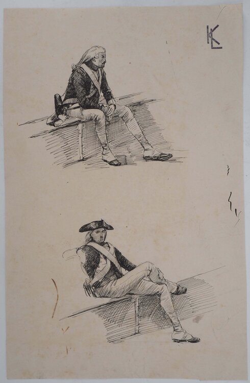 Deux soldats assis, dessin original Léopold-Franz Kowalski
