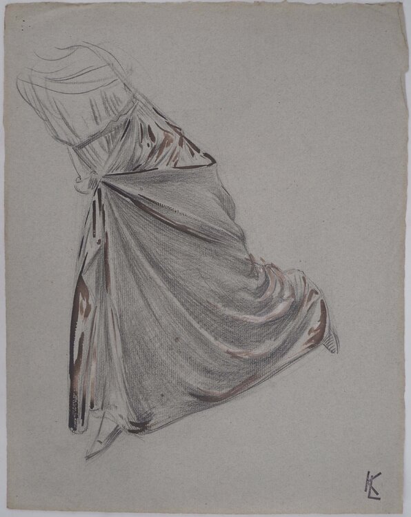 Étude du drapé d'une robe fluide, dessin original Léopold-Franz Kowalski