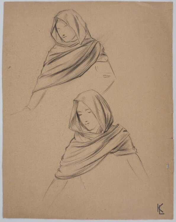 Étude du drapé du châle, dessin original Léopold-Franz Kowalski
