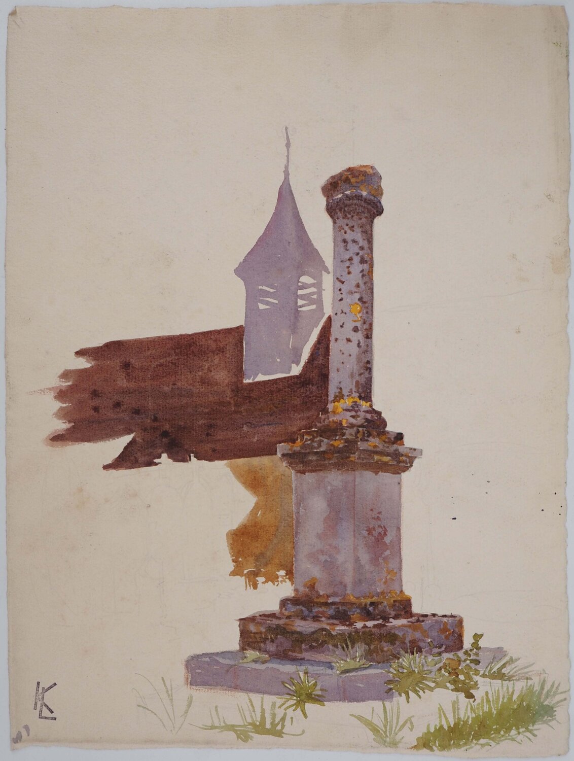 Monument devant église, dessin original Léopold-Franz Kowalski Tekening te koop