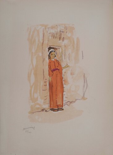 Maroc, Femme dans une rue à Fez, Lithographie originale signée di Lucien Mainssieux, Stampa in vendita su Singulart