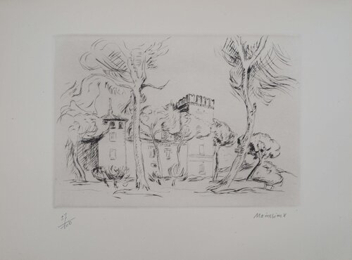 Vieux castel romain, Gravure originale signée Lucien Mainssieux