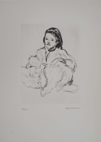 Maroc, femme accroupie, Gravure originale signée di Lucien Mainssieux, Stampa in vendita su Singulart
