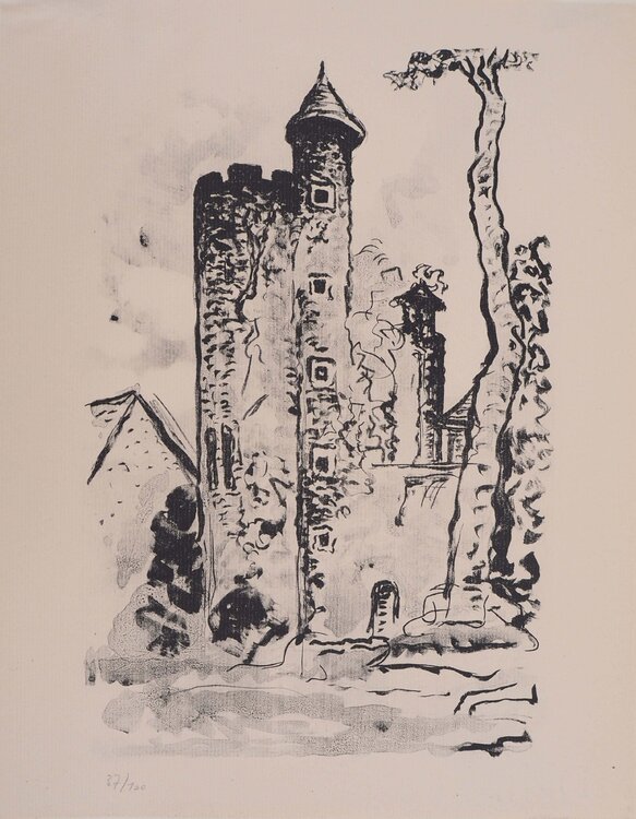 Le donjon médiéval, Lithographie originale Lucien Mainssieux