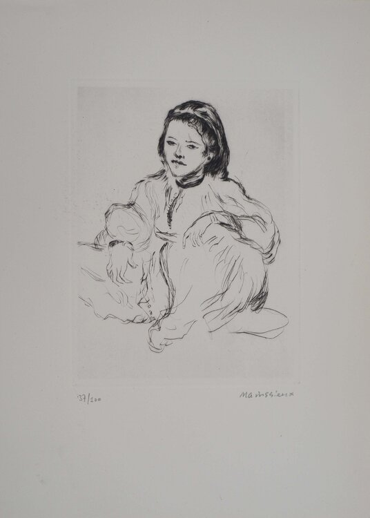 Maroc, femme accroupie, Gravure originale signée Lucien Mainssieux