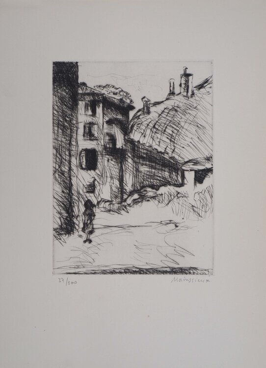 Voiron, vieux quartier, Gravure originale signée Lucien Mainssieux