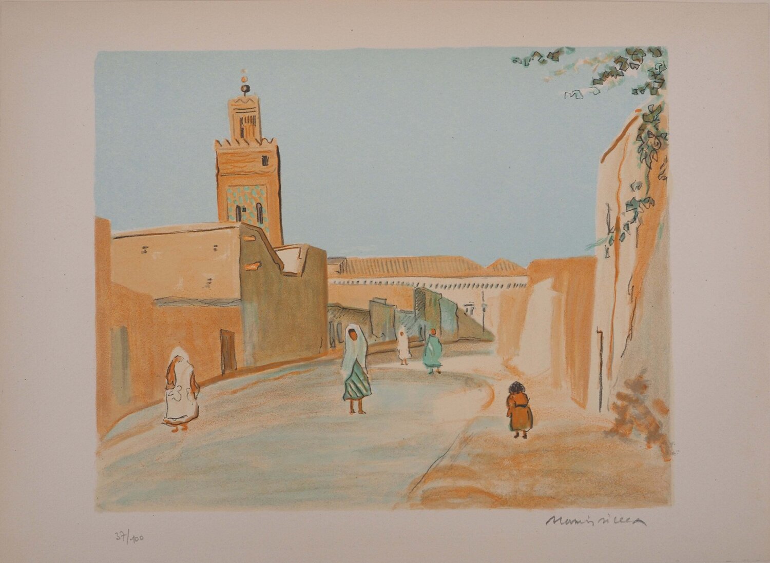 Maroc, La Casbah de Marrakech, Lithographie originale signée Lucien Mainssieux Druck zu verkaufen