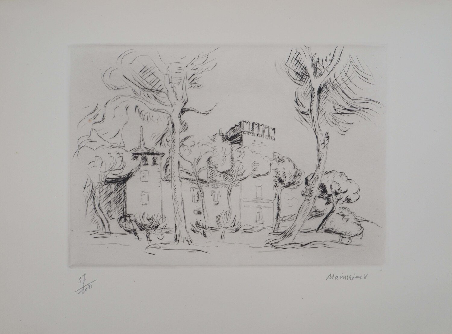 Vieux castel romain, Gravure originale signée Lucien Mainssieux Stampa in vendita