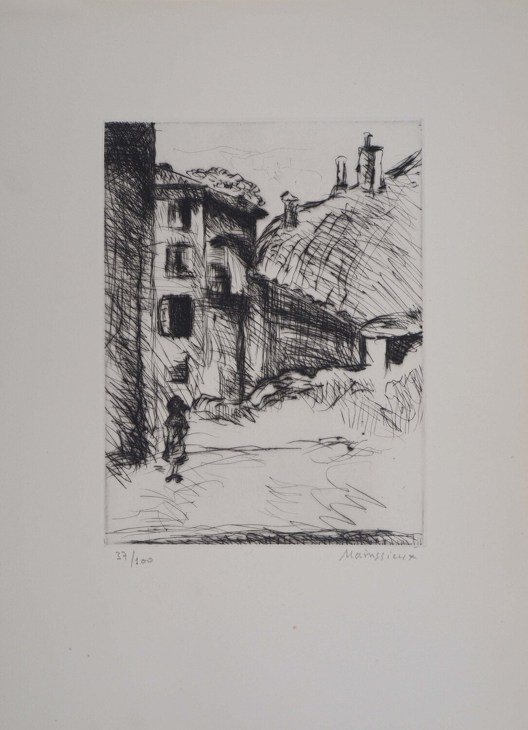Voiron, vieux quartier, Gravure originale signée Lucien Mainssieux Druck zu verkaufen