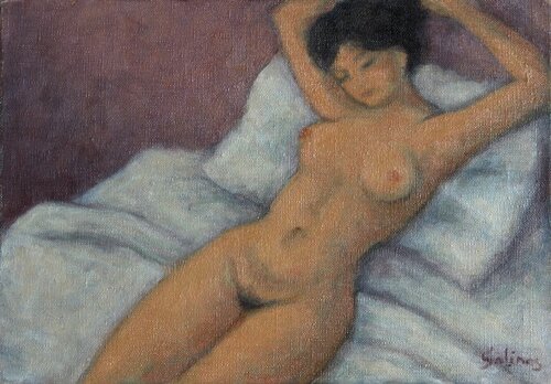 Femme Nue Etendue sur des Oreillers van Marcel Salinas, Schilderij te koop op Singulart