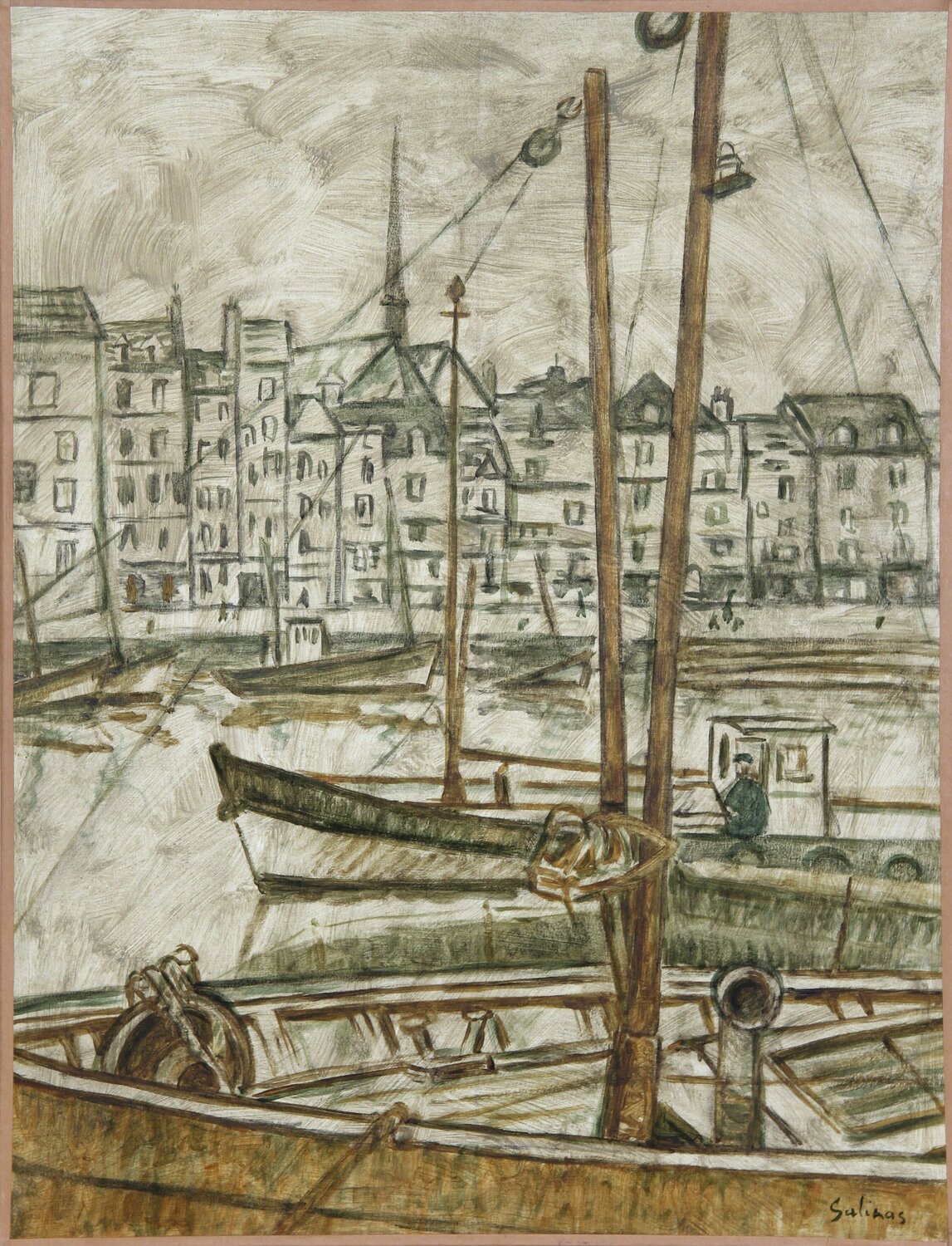 Honfleur le Bassin a Flets (Etude) Marcel Salinas Origineel schilderij te koop