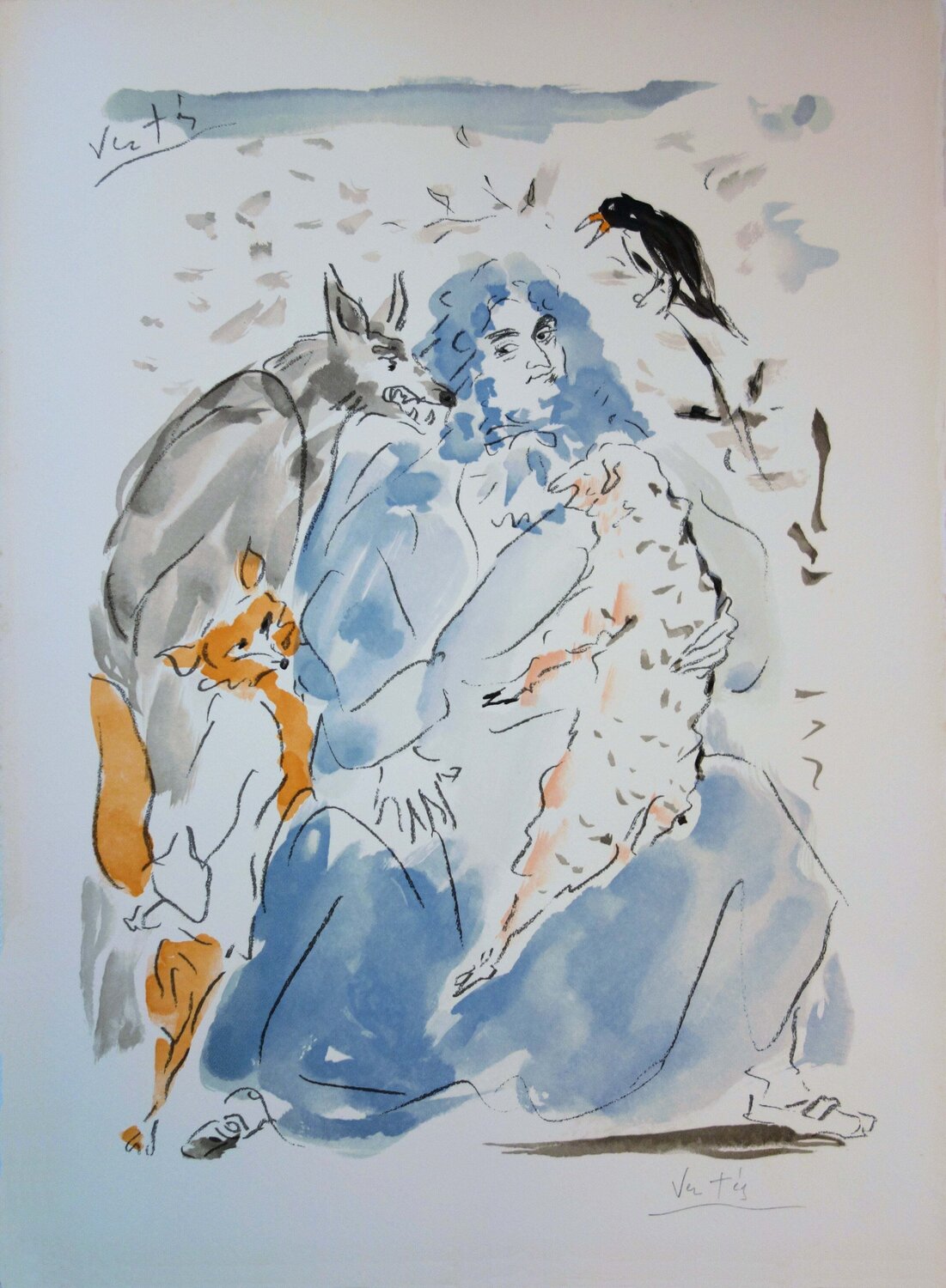 La Fontaine, le corbeau et le renard, Gravure signée Marcel Vertes Print for sale