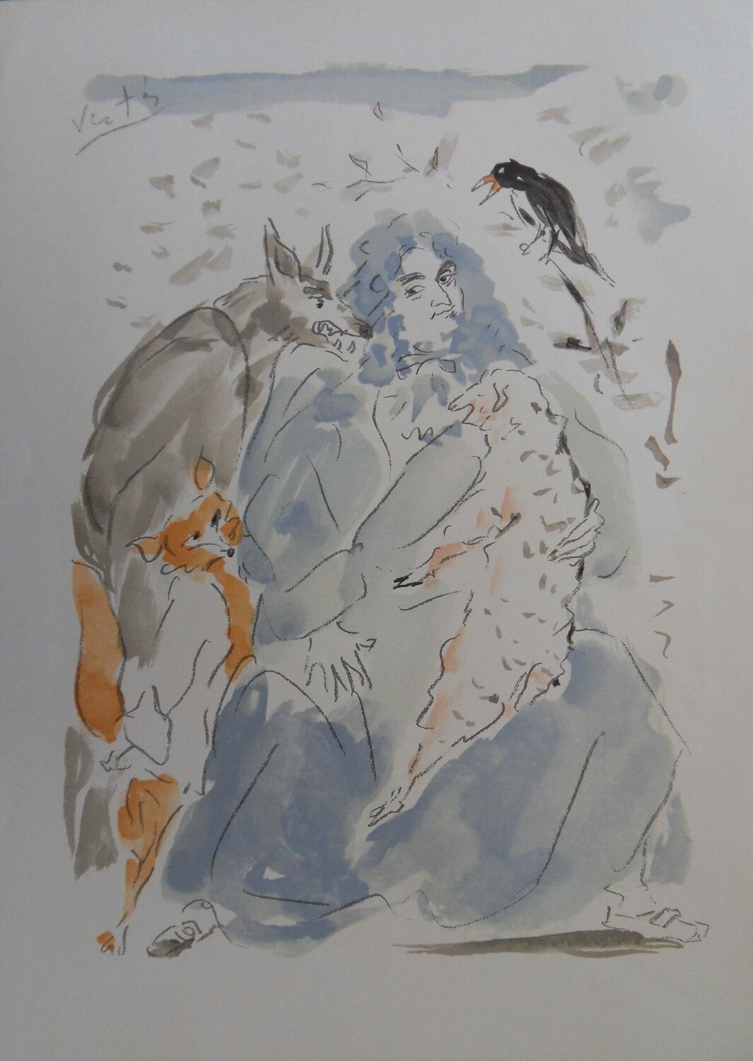 La Fontaine, le corbeau et le renard, Gravure Marcel Vertes Stampa in vendita