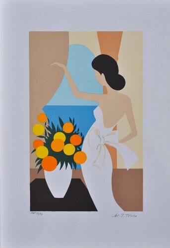 Le bouquet orange, Lithographie originale signée van Marie-Theresa Torres, Afdruk te koop op Singulart