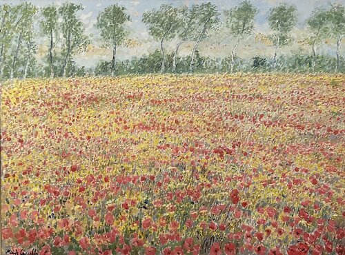 A meadow of spring flowers and poppies di Michele Cascella, Pittura in vendita su Singulart