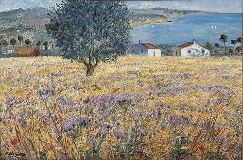 Farmhouses in a field on the Adriatic di Michele Cascella, Pittura in vendita su Singulart