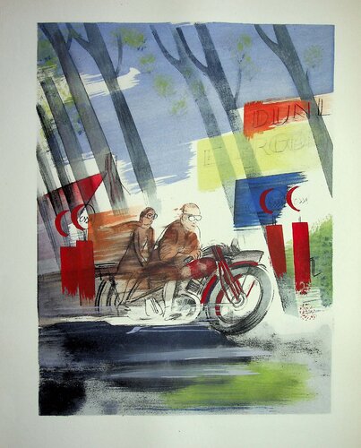 Course en moto, Les Harley Davidson, Lithographie originale par Milivoj Uzelac, Édition en vente sur Singulart