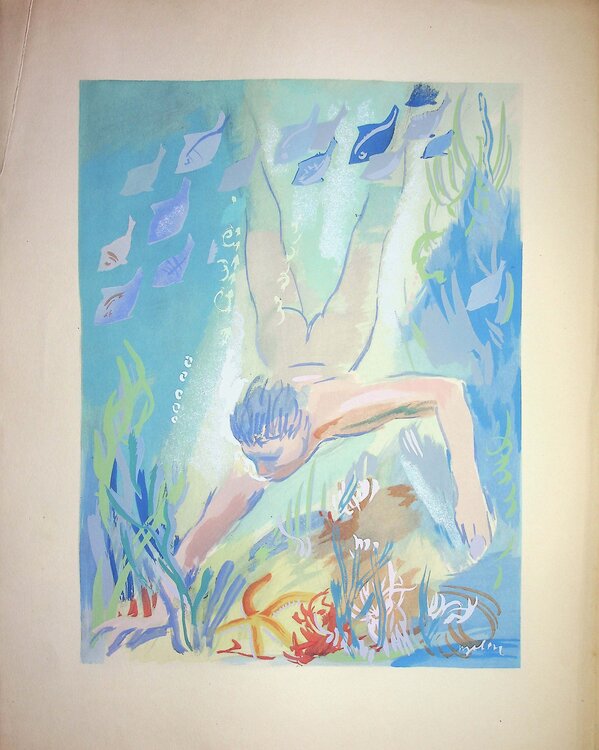 Natation, le Plongée, Lithographie originale signée Milivoj Uzelac