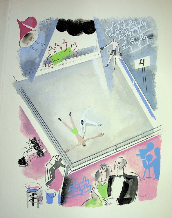 Boxe, Sur le ring, Victoire par KO, Lithographie originale signée Milivoj Uzelac