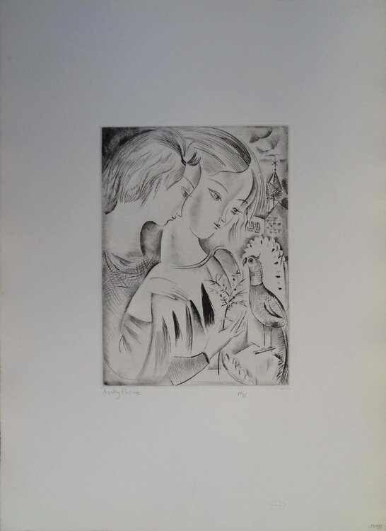 Fillettes au perroquet, Gravure originale signée Mily Possoz