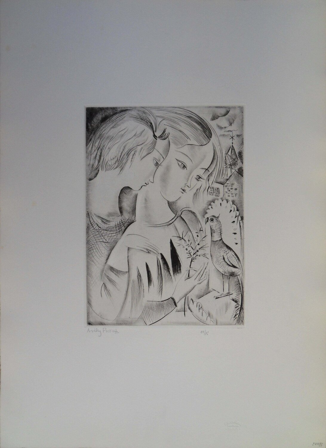Fillettes au perroquet, Gravure originale signée Mily Possoz Stampa in vendita