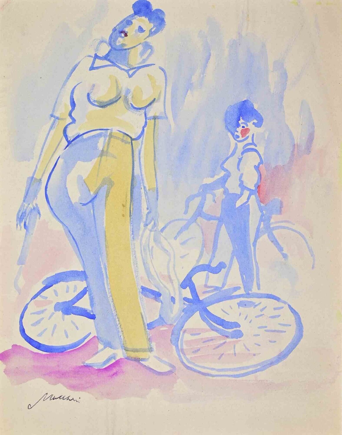The Cyclists Mino Maccari Opera su carta in vendita