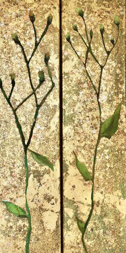 Fairies of Green Flowers GOLD & GLITTER (Trypthicon) by Eva Konya, Painting for Sale on Singulart