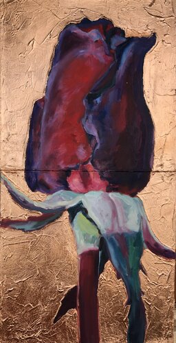 A Deep Red Rose Bud Of Passionate Love (Red Gold Diptycon) par Eva Konya, Peinture en vente sur Singulart