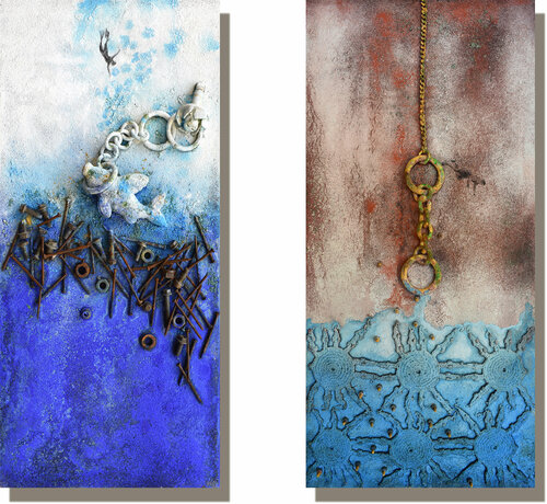 Set di 2 opere: Detriti n. 2 (l'esca) e Detriti n. 6 (fuga dalla grande nave) van Milena Nicosia, Schilderij te koop op Singulart