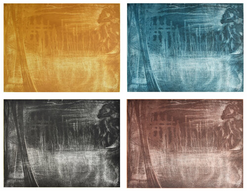 set di 4 incisioni  (paesaggio astratto ocra, ciano, nero, rosso di marte) par Milena Nicosia, Édition en vente sur Singulart