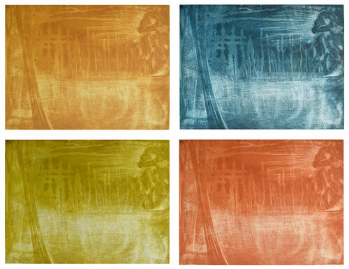 set di 4 incisioni  (paesaggio astratto ocra, ciano, verde acido, arancione) von Milena Nicosia, Druck kaufen auf Singulart