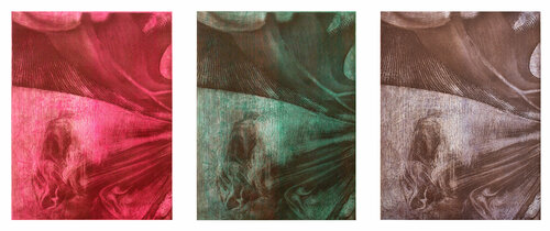 set di 3 incisioni: Il cammino a due colori (magenta, verde, bistro) Milena Nicosia