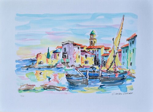 Bateaux de pêche à St Tropez, Lithographie originale signée by Olivier Zladku, Print for Sale on Singulart