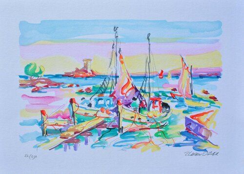 Bâteaux de pêche à Cassis , Lithographie originale signée Olivier Zladku