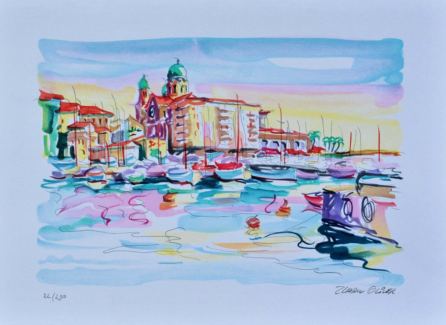 Vieux port de Saint Tropez, Lithographie originale signée Olivier Zladku Stampa in vendita