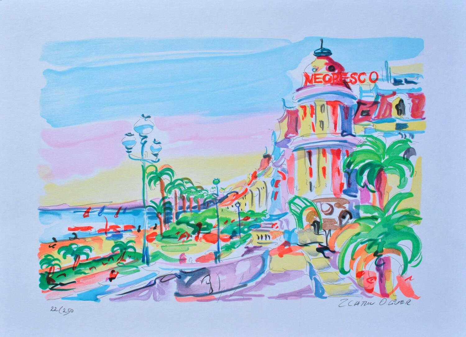 Nice le Negresco , Lithographie originale signée Olivier Zladku Druck zu verkaufen