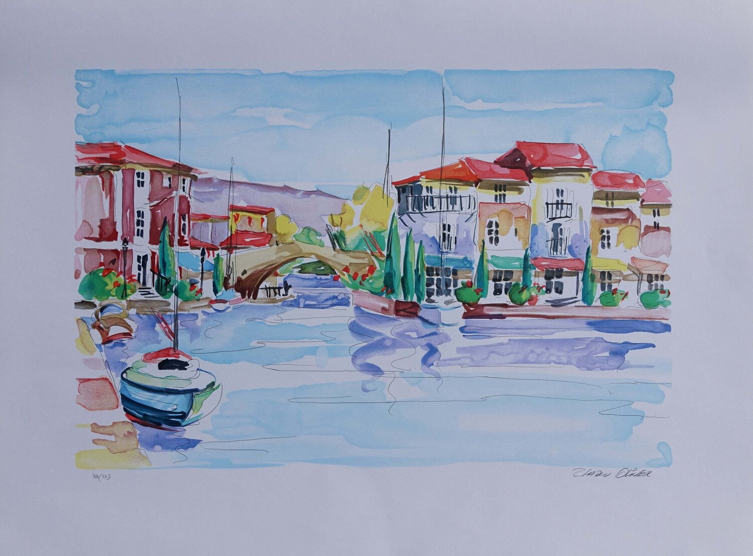 Petit port méditerranéen, Lithographie originale signée Olivier Zladku Druck zu verkaufen