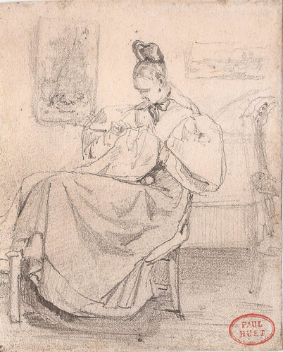 Caroline Richomme cousant (Caroline Richomme Sewing) de Paul Huet, Obra en papel a la venta en Singulart