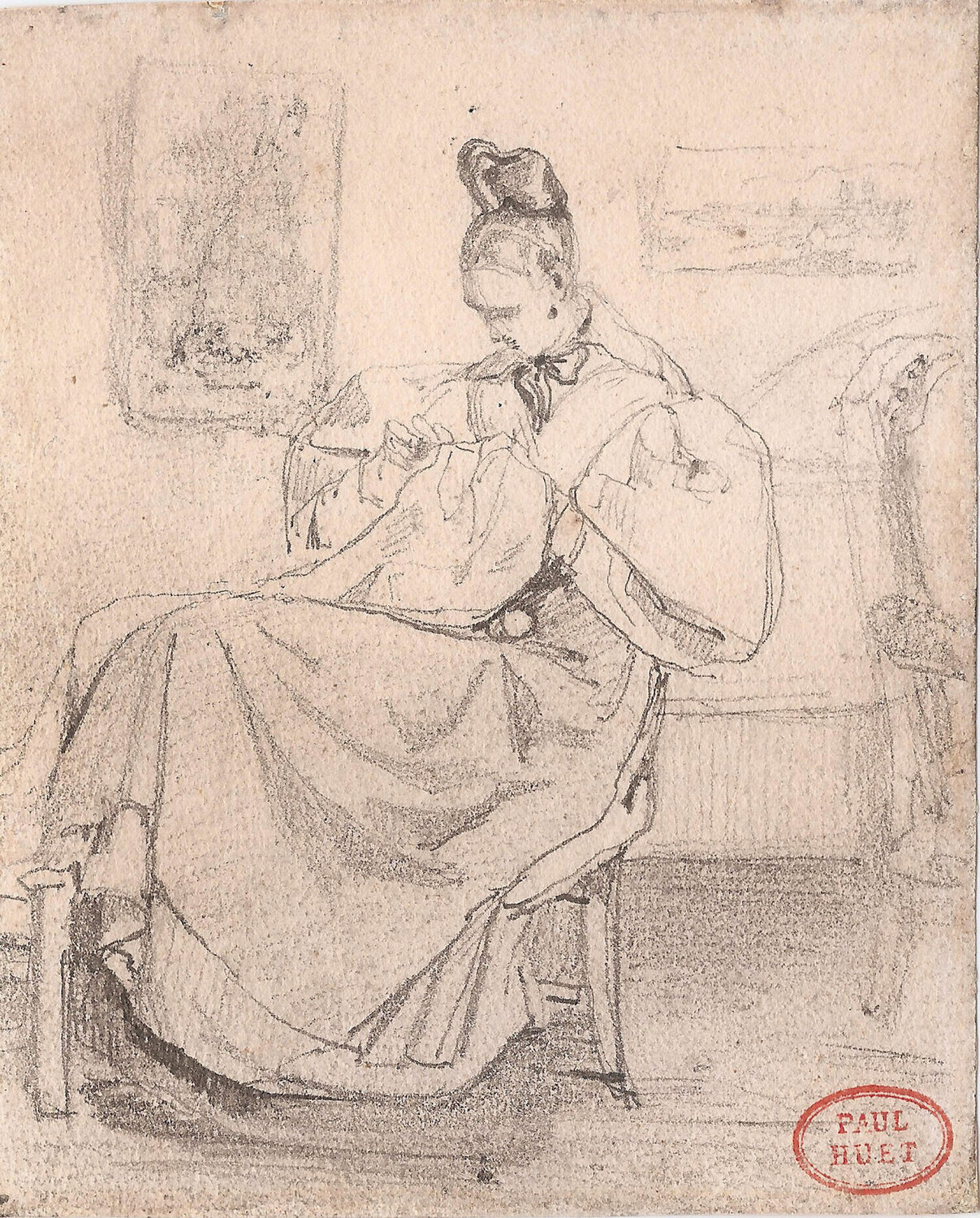 Caroline Richomme cousant (Caroline Richomme Sewing) Paul Huet Werk auf Papier zu verkaufen