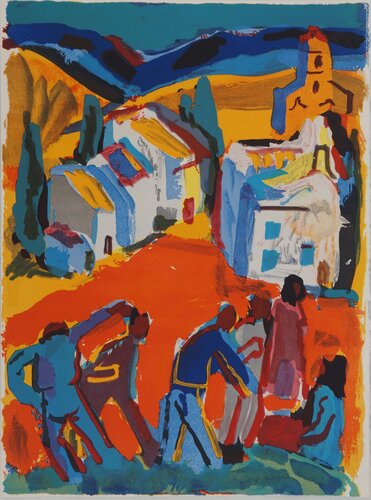 Provence, Sur la place du village, Lithographie originale signée par Pierre Ambrogiani, Édition en vente sur Singulart