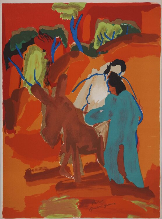 Couple et son âne, Lithographie originale signée Pierre Ambrogiani