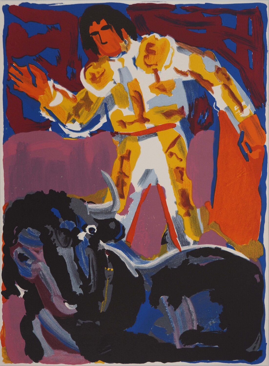 Le matador et le taureau blessé, Lithographie originale signée Pierre Ambrogiani Afdruk te koop