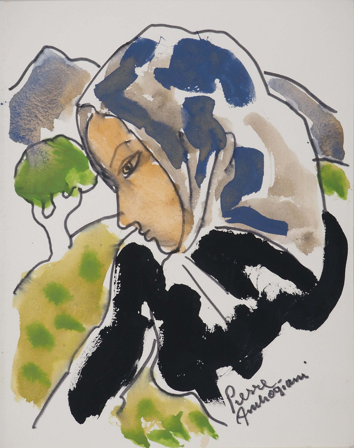 La paysanne, Aquarelle originale signée Pierre Ambrogiani Œuvre sur papier à vendre