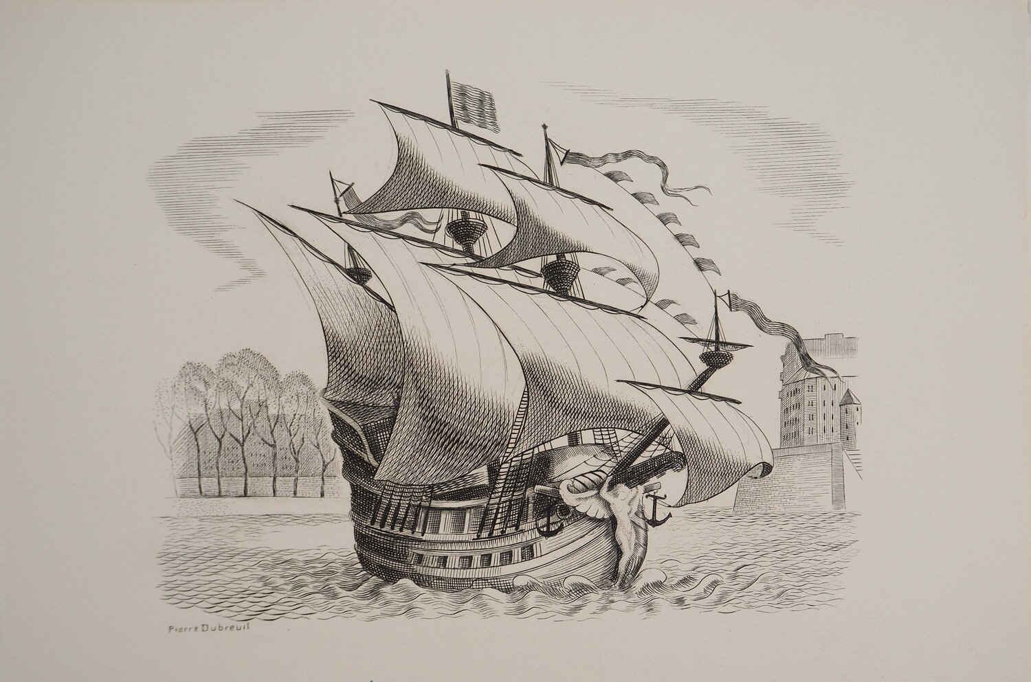 Navire sur la Seine, Gravure originale signée Pierre Dubreuil Édition à vendre
