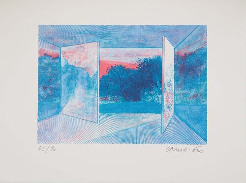 Intérieur surréaliste et jardin bleu, Lithographie originale signée de Pierre Garcia-Fons, Impresión a la venta en Singulart