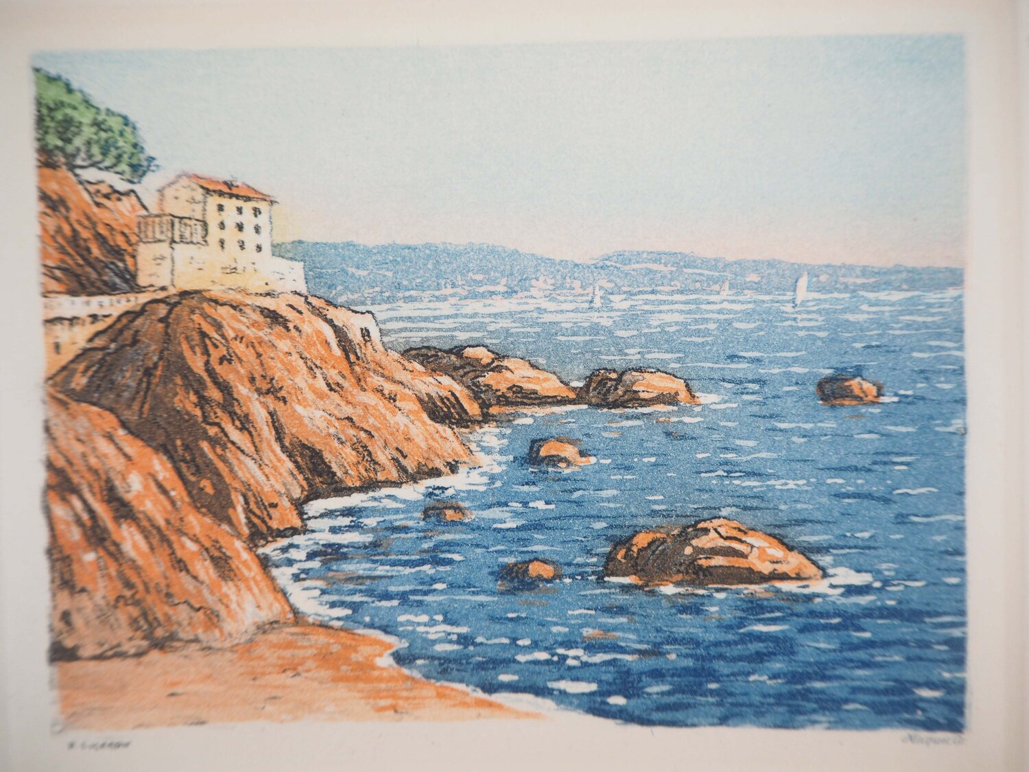 Méditerranée, Maison en bord de mer, Gravure originale signée René Ligeron Druck zu verkaufen