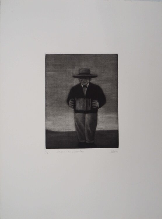 L'homme au bandonéon, Gravure originale signée Richard Davies